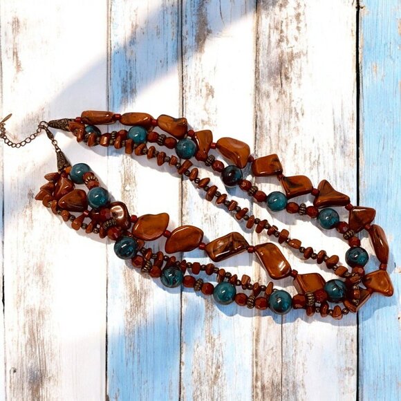 EsMor Vintage Triple Strand Bold Brown & Blue Beaded Princess Necklace 20"L - Picture 4 of 5